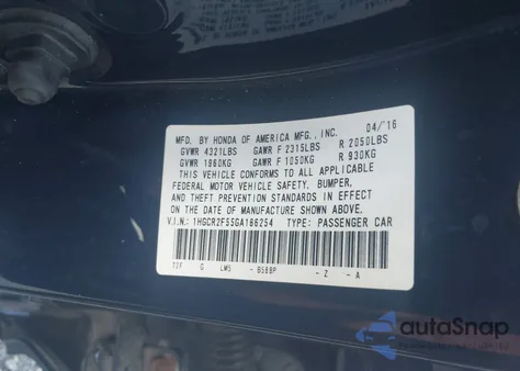 2016 Honda Accord Sport из США, поврежденный, VIN 1HGCR2F55GA186254